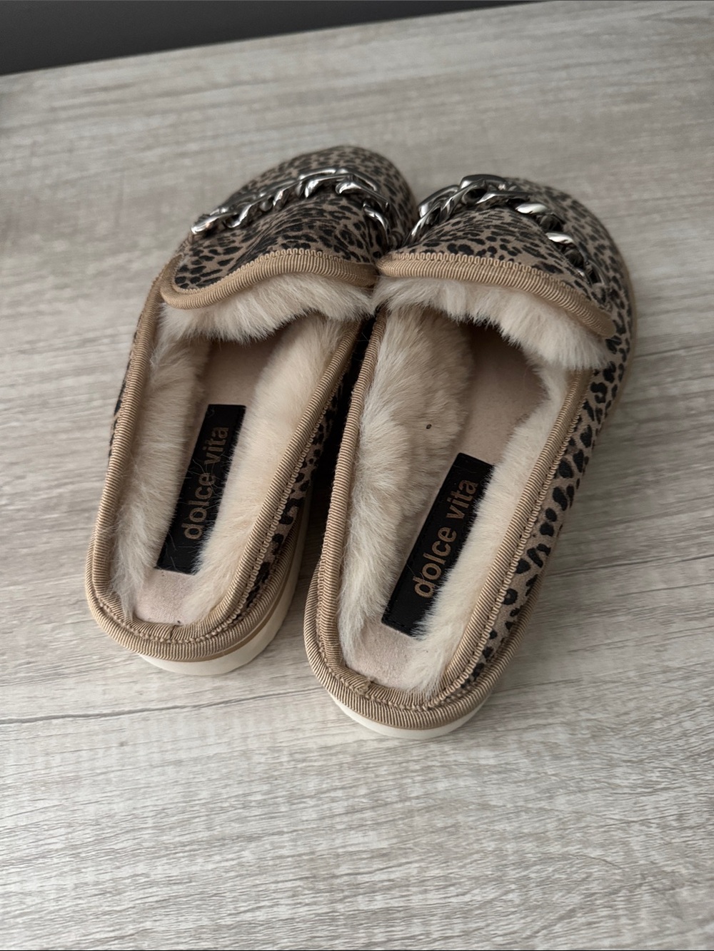 Dolce Vita Leopard Print Faux-Fur Mule with Chain Trim - Beige